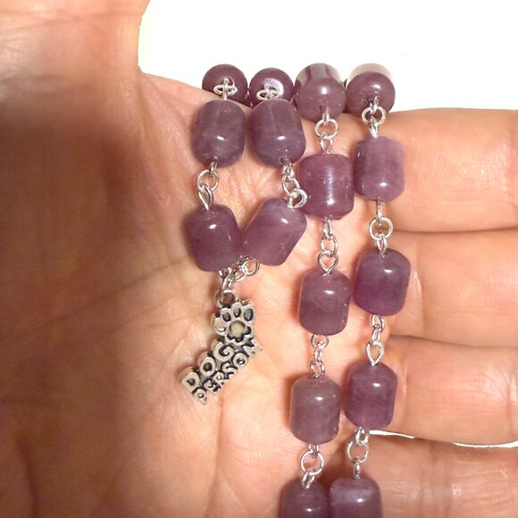 Genuine Magenta Chalcedony Short Necklace, Gemstone & Dog Person Paw Print Charm - Picture 14 of 14